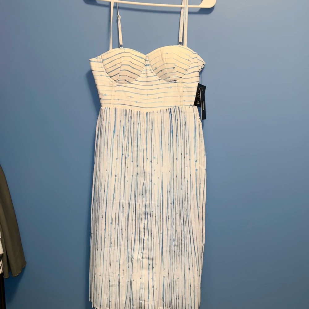 Lulu's White and Blue Ruched Midi Dress